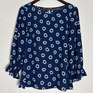 Talbots Navy White Daisy Floral Print Top Size M 100% Polyester